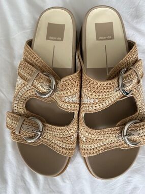 Dolce Vita Natural Beige Crochet Double-Buckle Mules